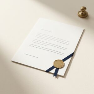 Officiellt dokument med apostille-sigill i guld och marinblått band