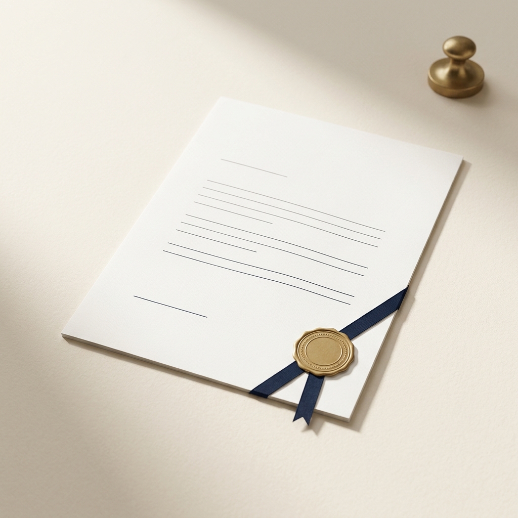 Officiellt dokument med apostille-sigill i guld och marinblått band